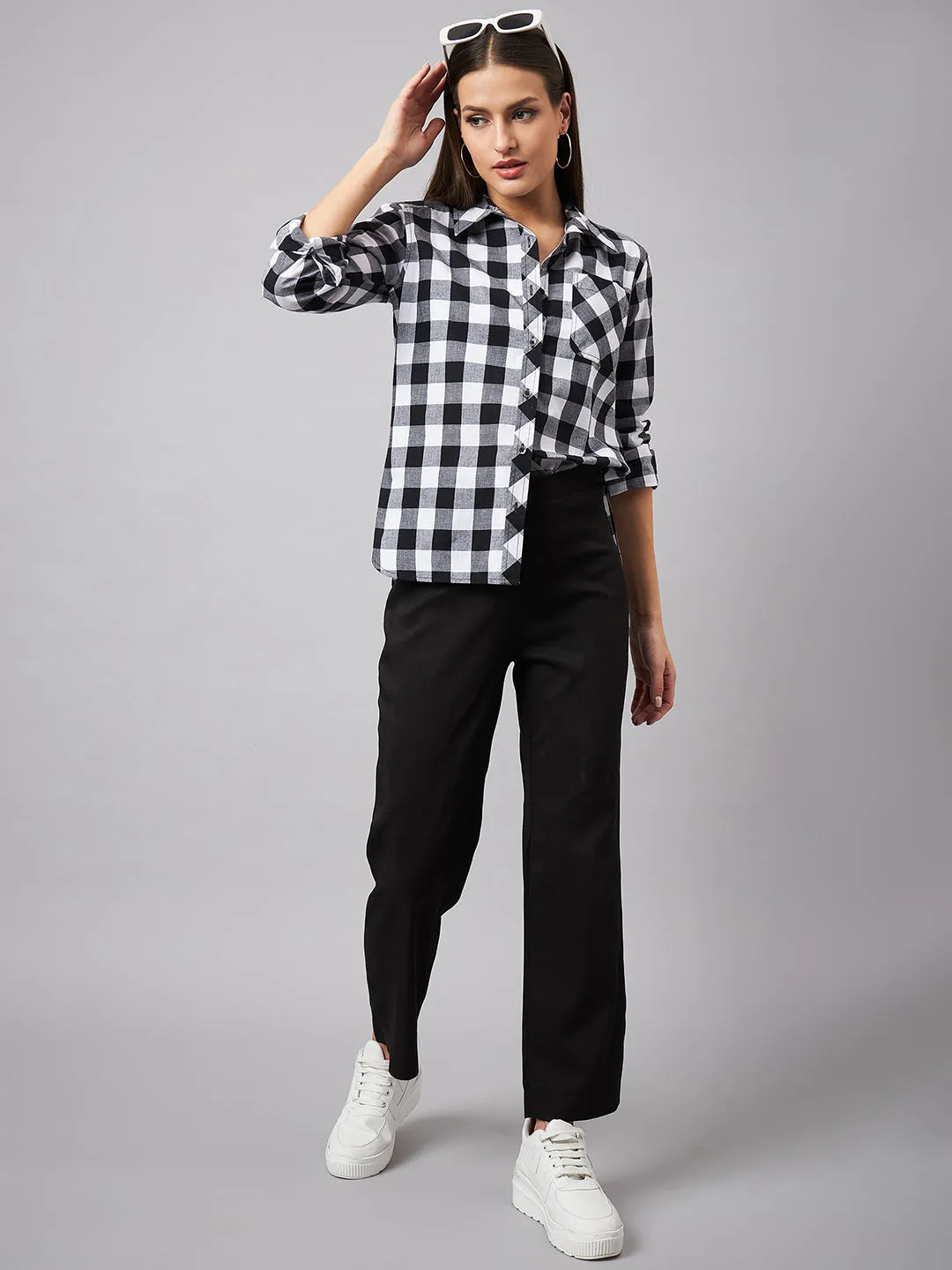 Style Quotient Women Casual Black and White Checks Spread Collar Full Sleeve Shirt