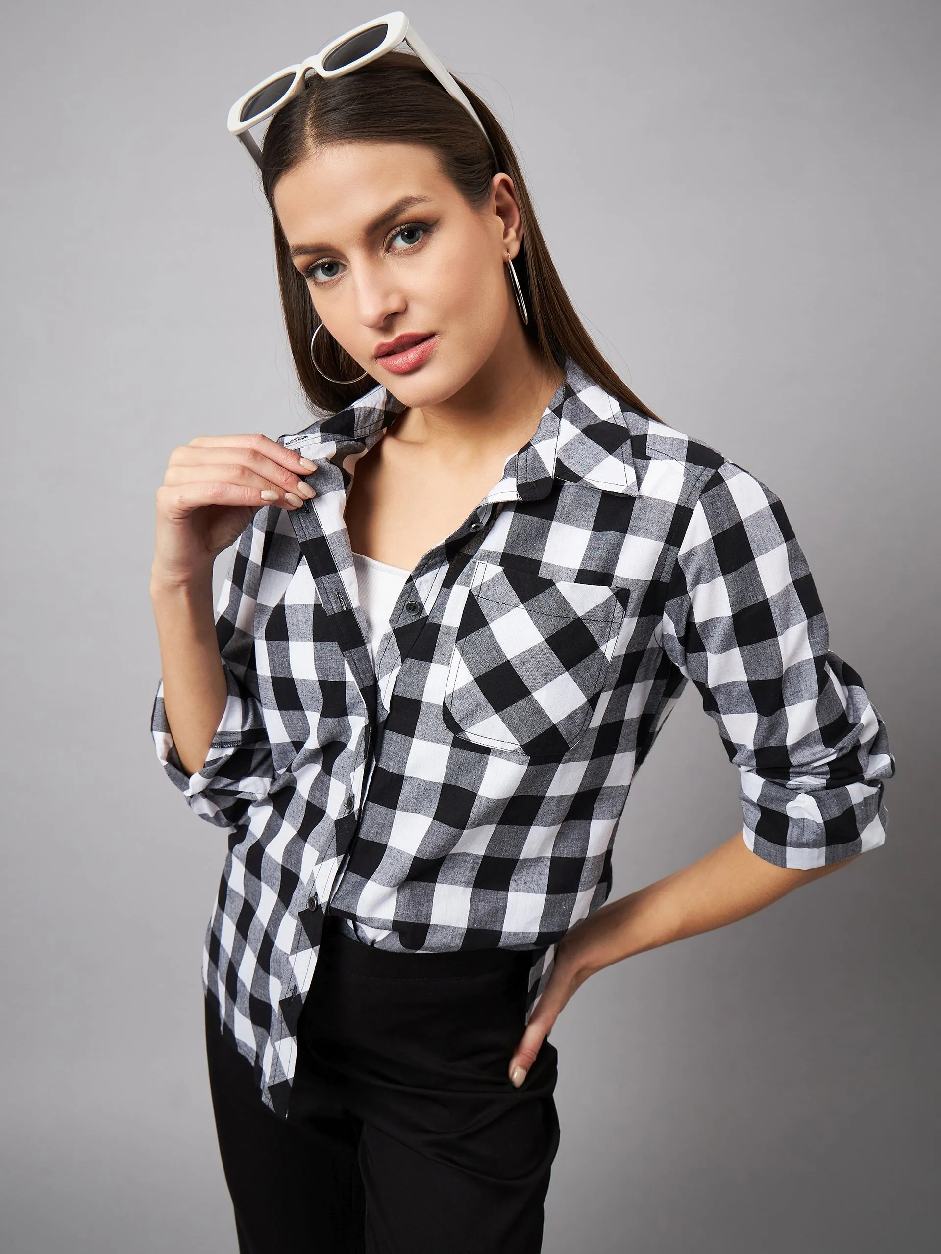 Style Quotient Women Casual Black and White Checks Spread Collar Full Sleeve Shirt