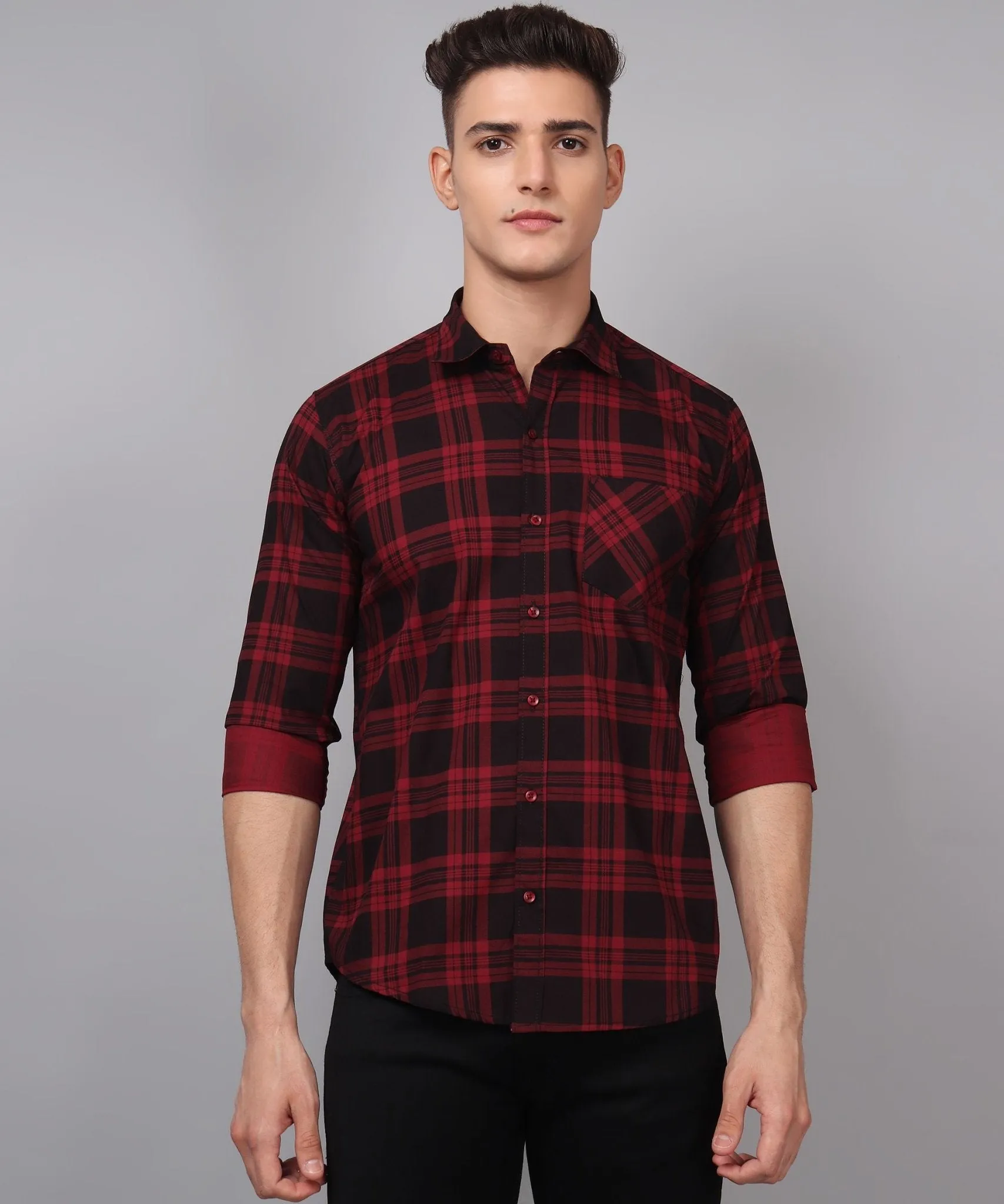 TryBuy Premium Red Black Checks Button-Up Shirt For Men