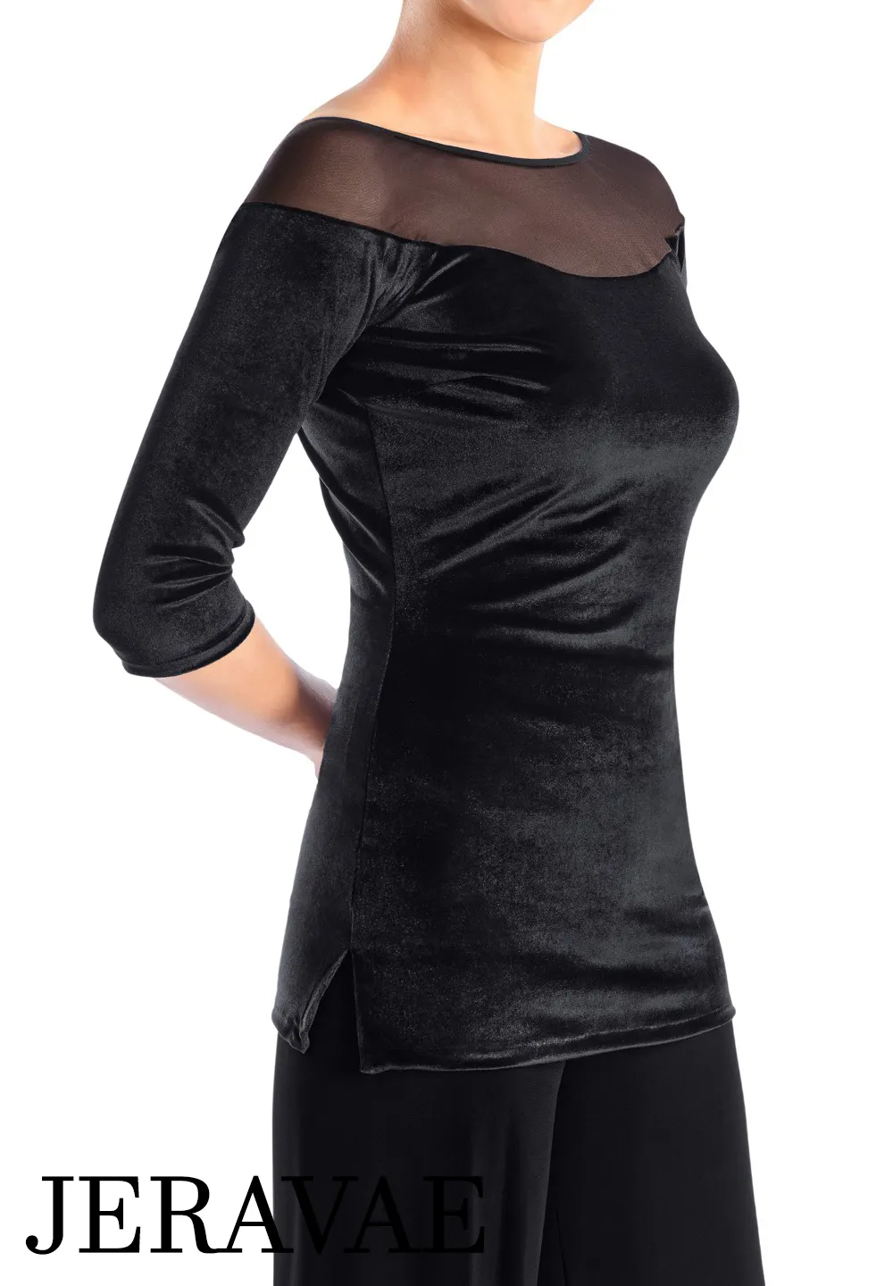 Victoria Blitz Phoebe Black Velvet Ballroom Practice Top with Boat Neck, Sheer Mesh Yoke, Longer Cut, and 3/4 Sleeves PRA 740 in Stock