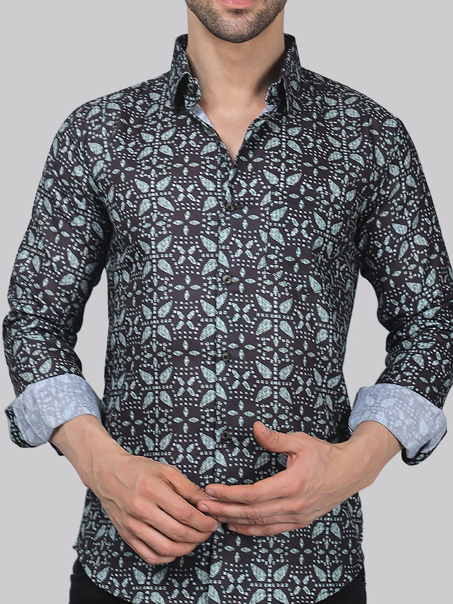 Vintage Men's Printed Full Sleeve  Cotton Button-Up Shirt For Men