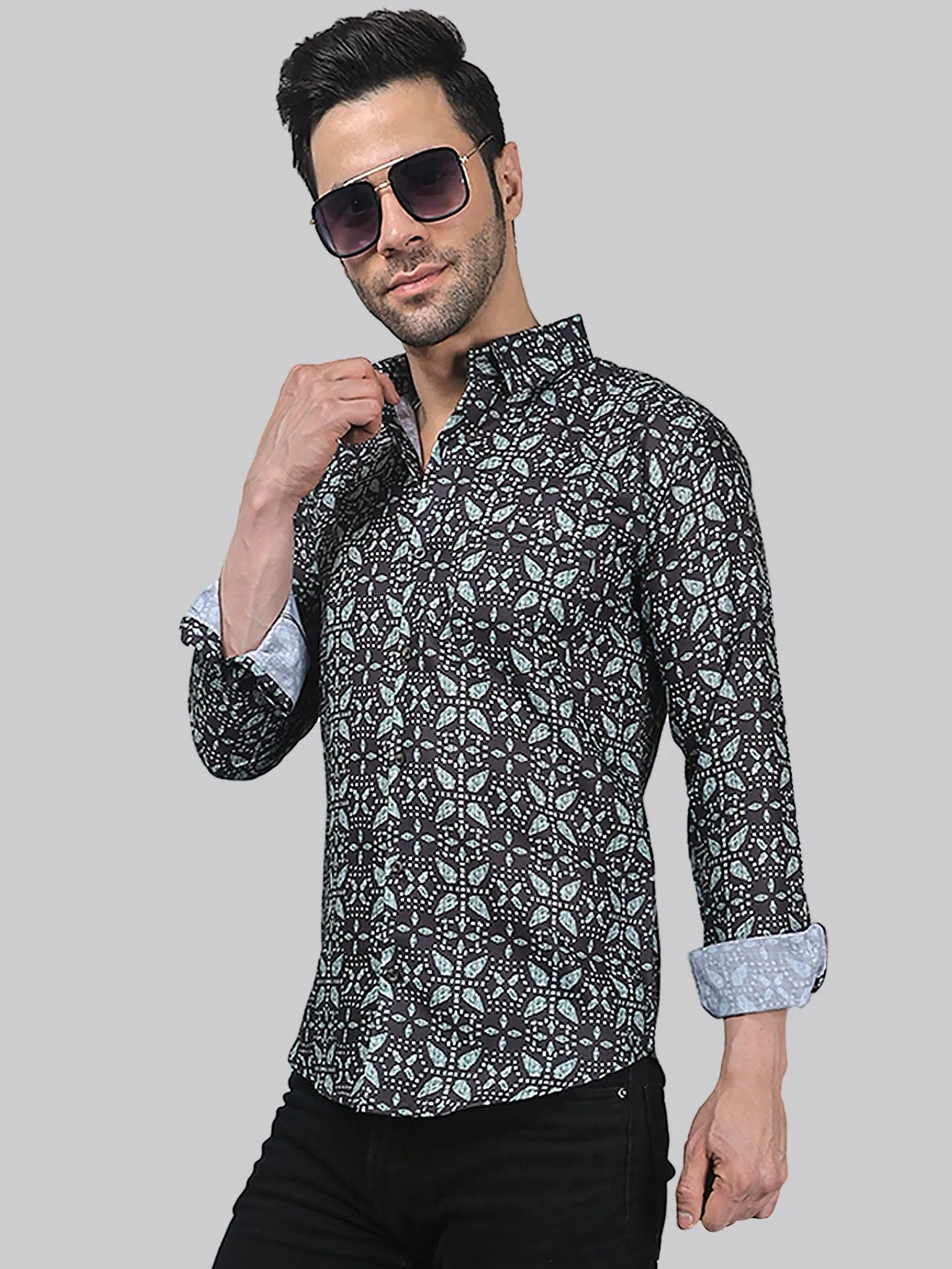 Vintage Men's Printed Full Sleeve  Cotton Button-Up Shirt For Men