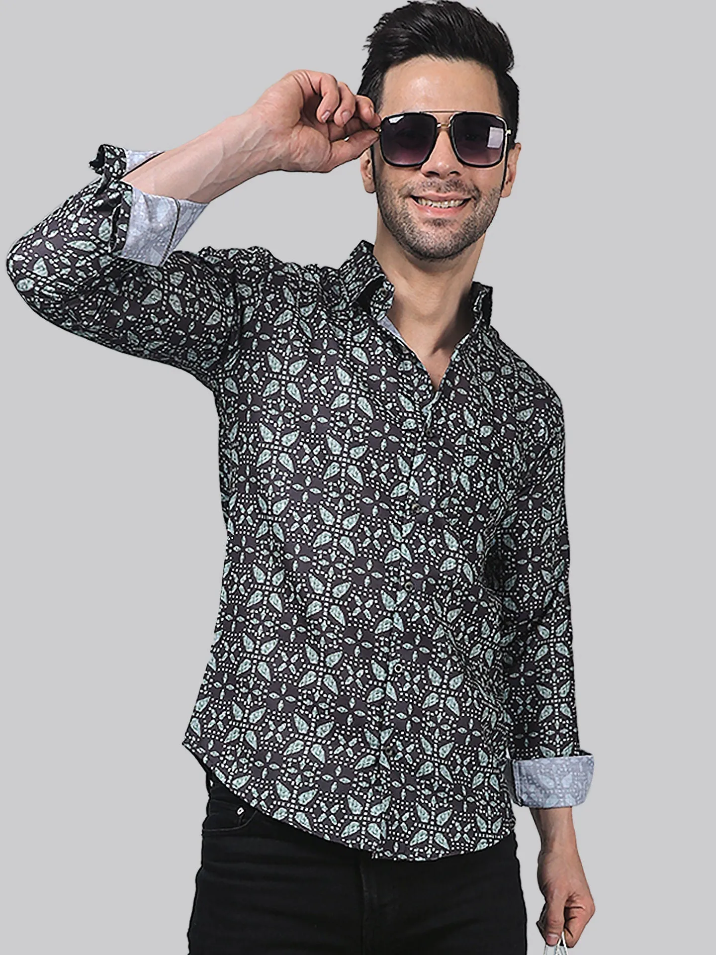 Vintage Men's Printed Full Sleeve  Cotton Button-Up Shirt For Men