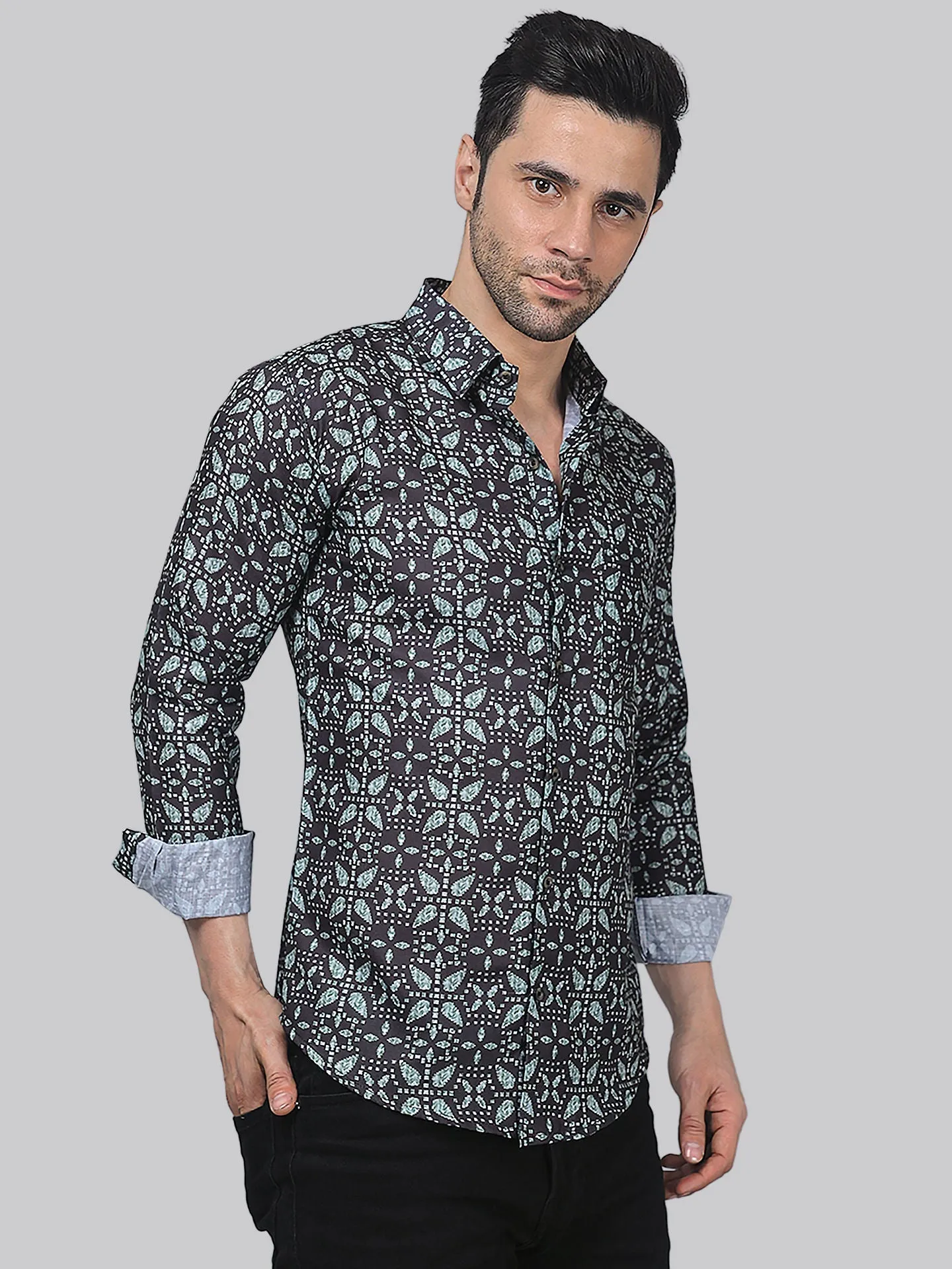 Vintage Men's Printed Full Sleeve  Cotton Button-Up Shirt For Men