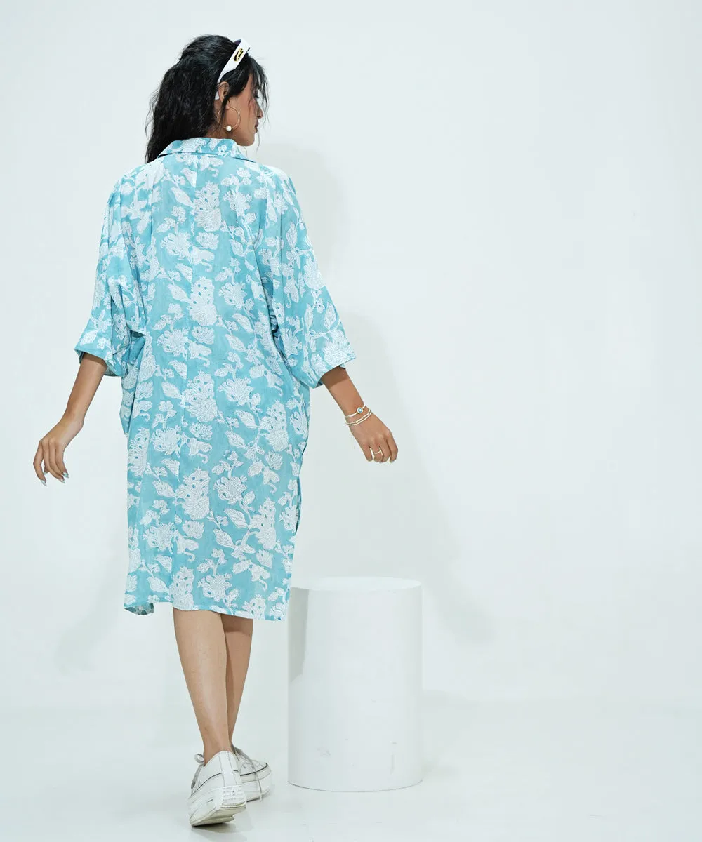 White blue floral hand block print modal oversize shirt