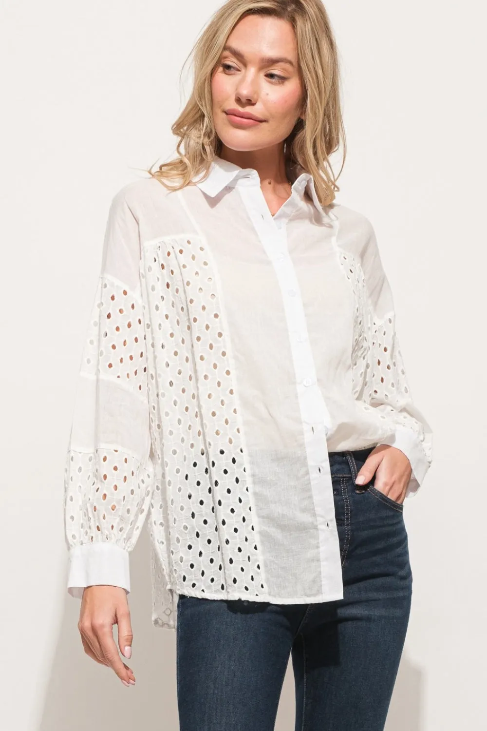 White Eyelet Long Sleeve Button Down Shirt