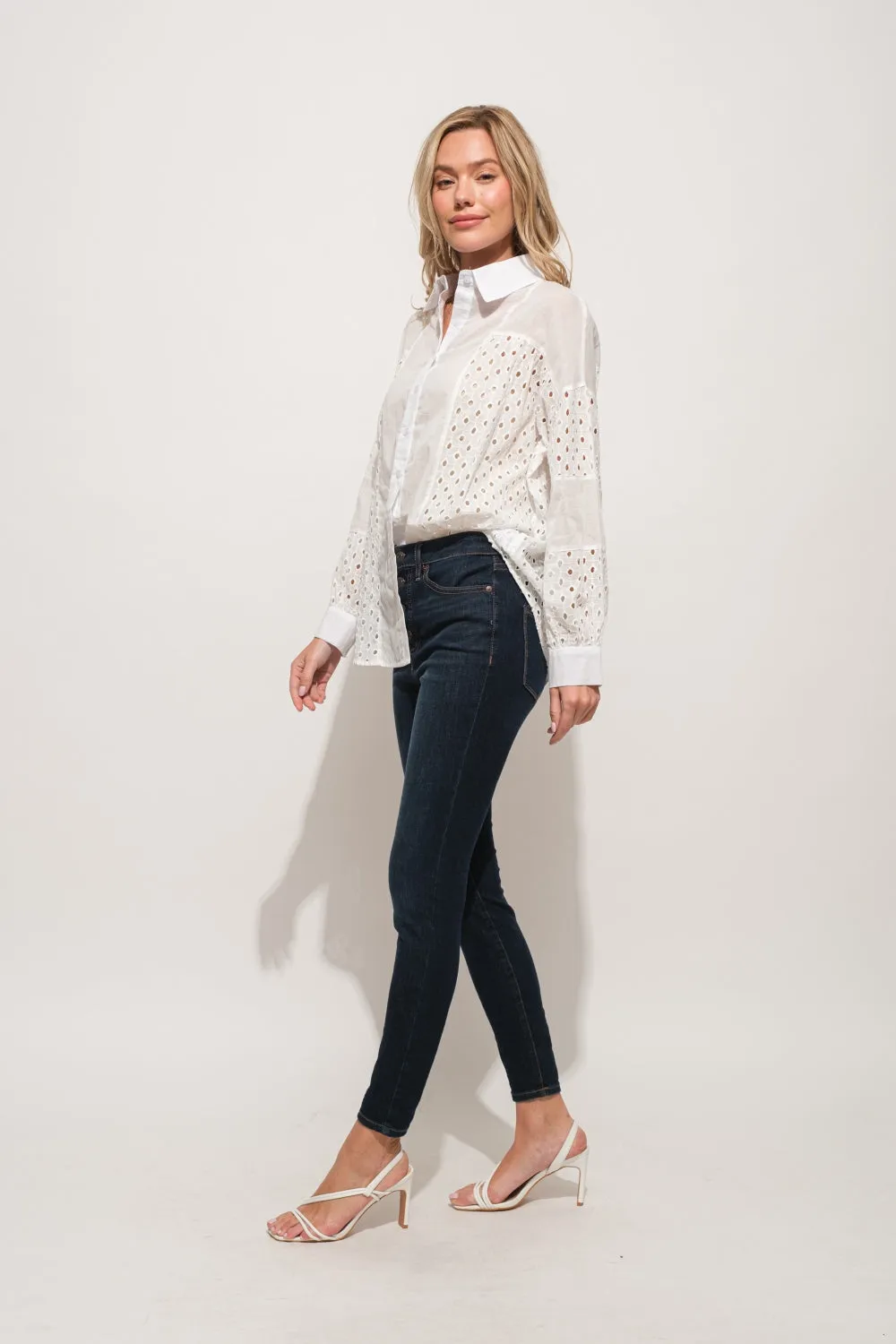 White Eyelet Long Sleeve Button Down Shirt